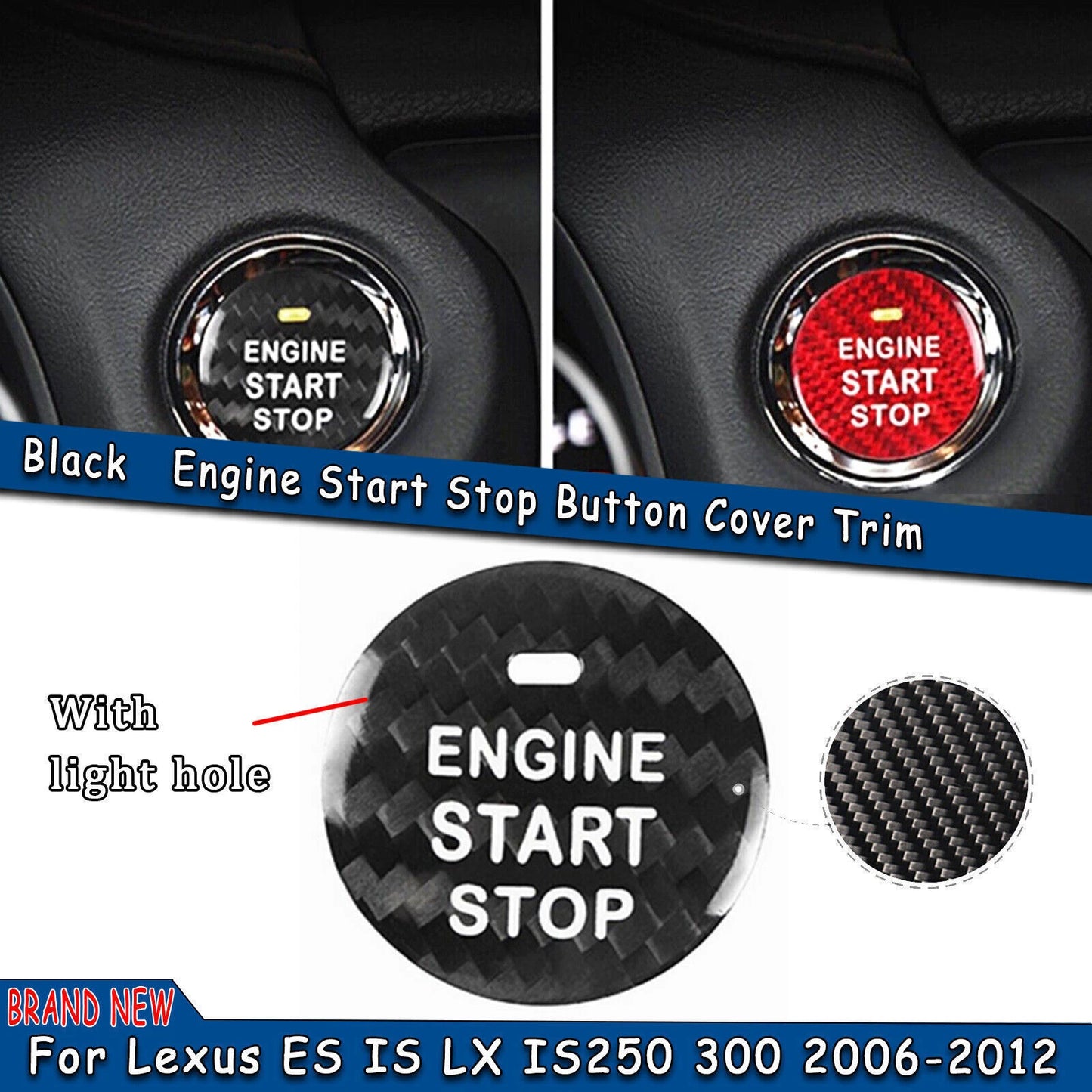 1pc Black Carbon Fiber Engine Start Stop Button Cover for Lexus ES IS LX (2013-2023)