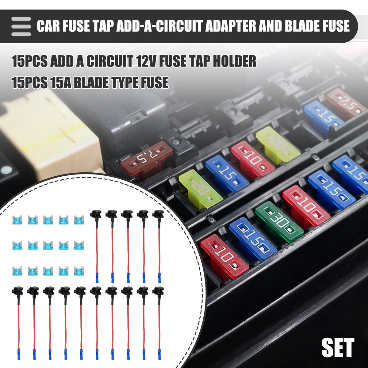 Circuit 12V Low Profile Mini Fuse Tap Holder with 15 x 15A APS Fuses Set