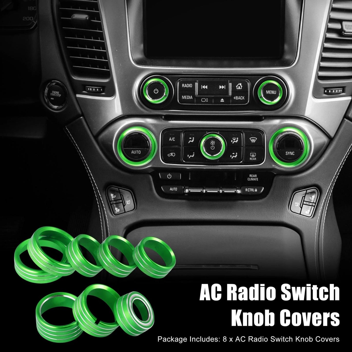 8 x Green AC Radio Switch Knob Covers for Chevy Silverado & GMC Sierra (14-18)