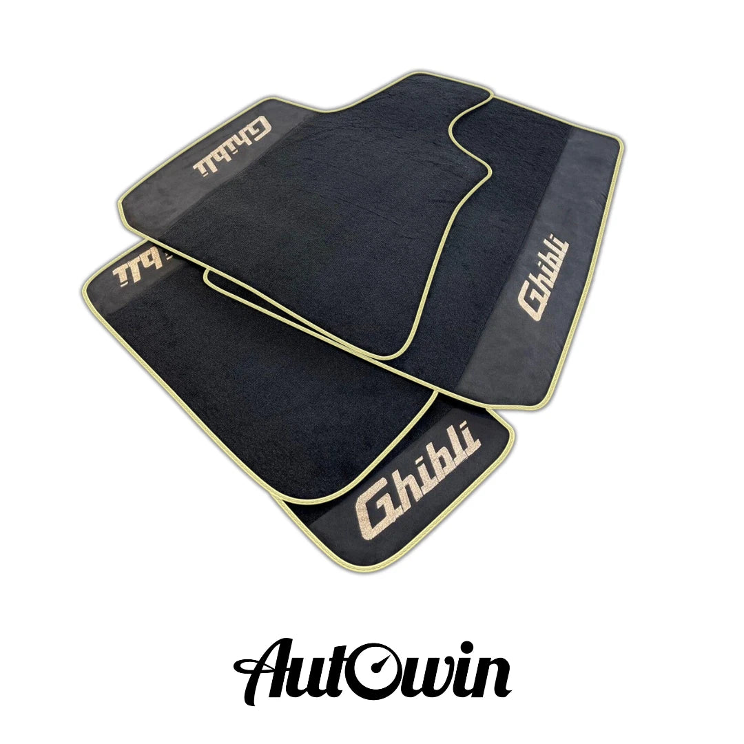 AutoWin Black Floor Mats for Maserati Ghibli (2014-2023) - Alcantara, Beige Trim