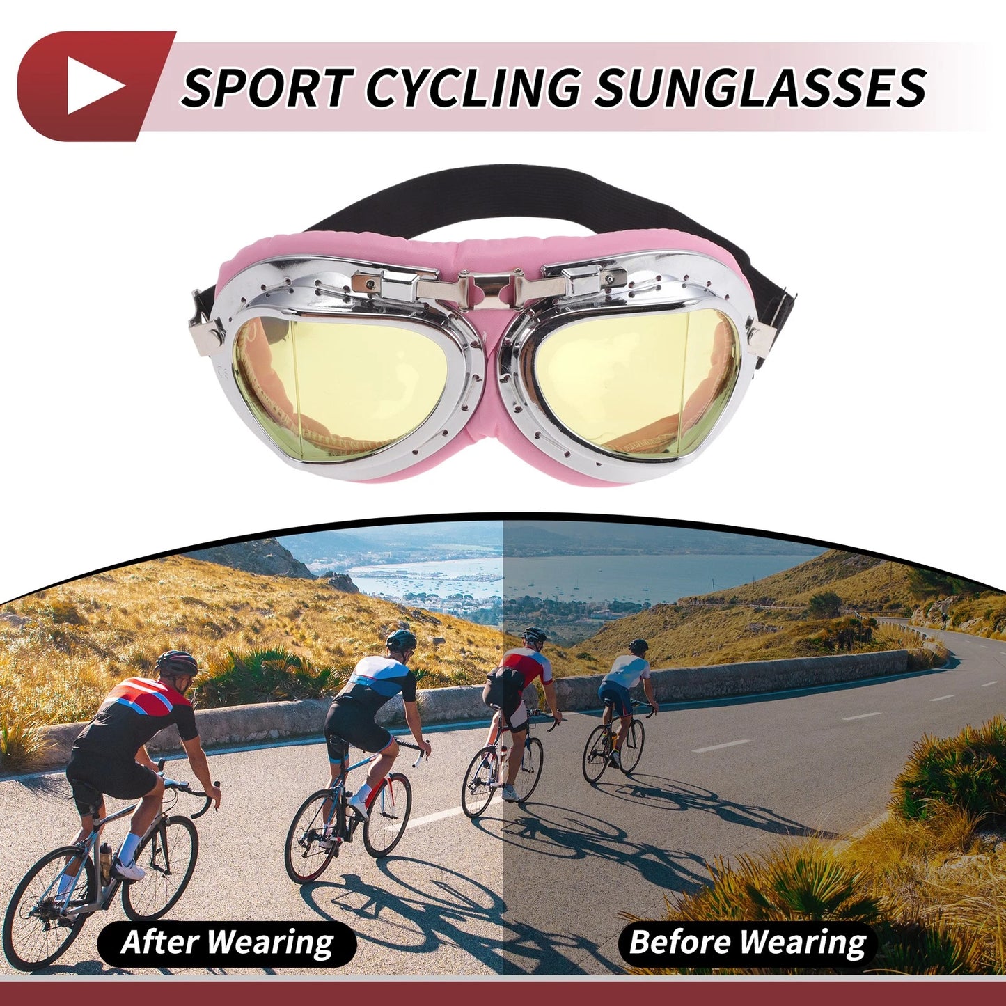 1 Pc Motorcycle Goggles Yellow Lens Pink Silver Tone Frame PU Sponge for Bike