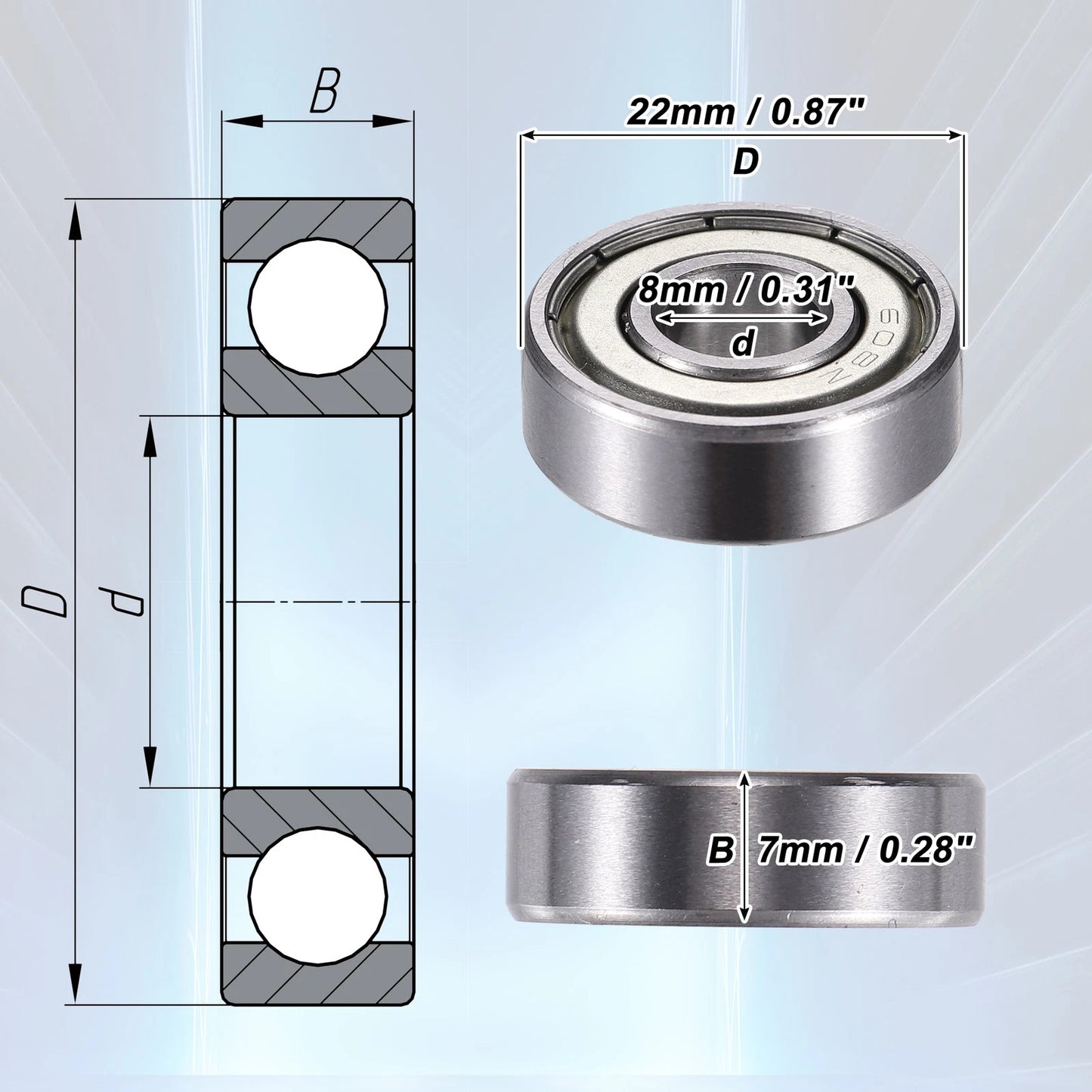 20 x 8x22x7mm Double Metal Shield Single Row Deep Groove Ball Bearings for all makes/models