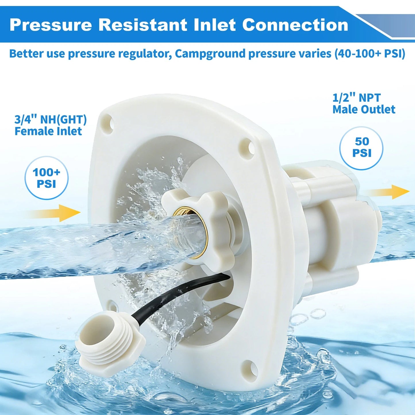 Water Inlet Connection / Pressure Reducing Fill Hatch for RV Camper White
