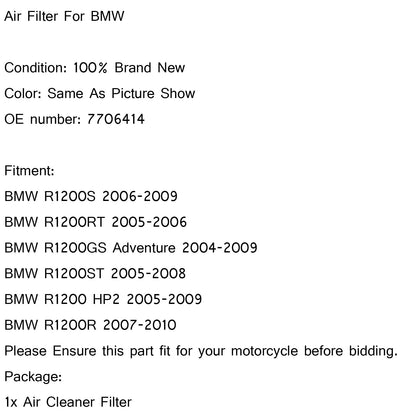Air Filter Intake Cleaner For BMW R1200GS Adventure 2004-2009 P/N.7706414 Generic