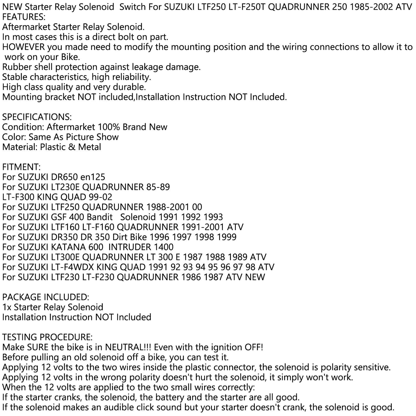 Starter Solenoid Relay FITS SUZUKI LTF250 LT-F250T QUADRUNNER 250 1985-2002 ATV Generic