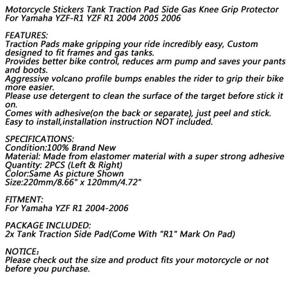 Tank Traction Side Pad Fuel Gas Knee Grip For Yamaha YZF R1 2004 2005 2006 Generic