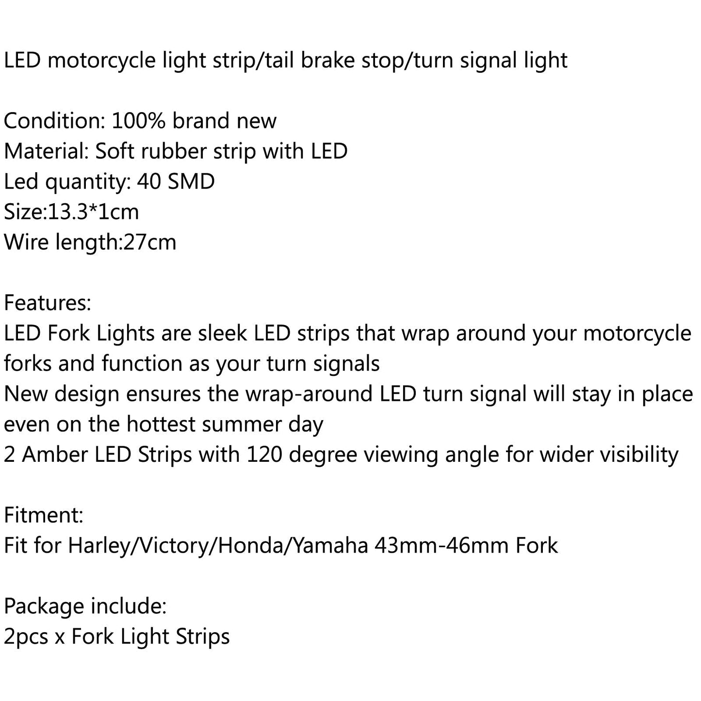 43mm-46mm Fork LED Turn Signal Strip Amber Light Kit For Harley Victory Honda Generic