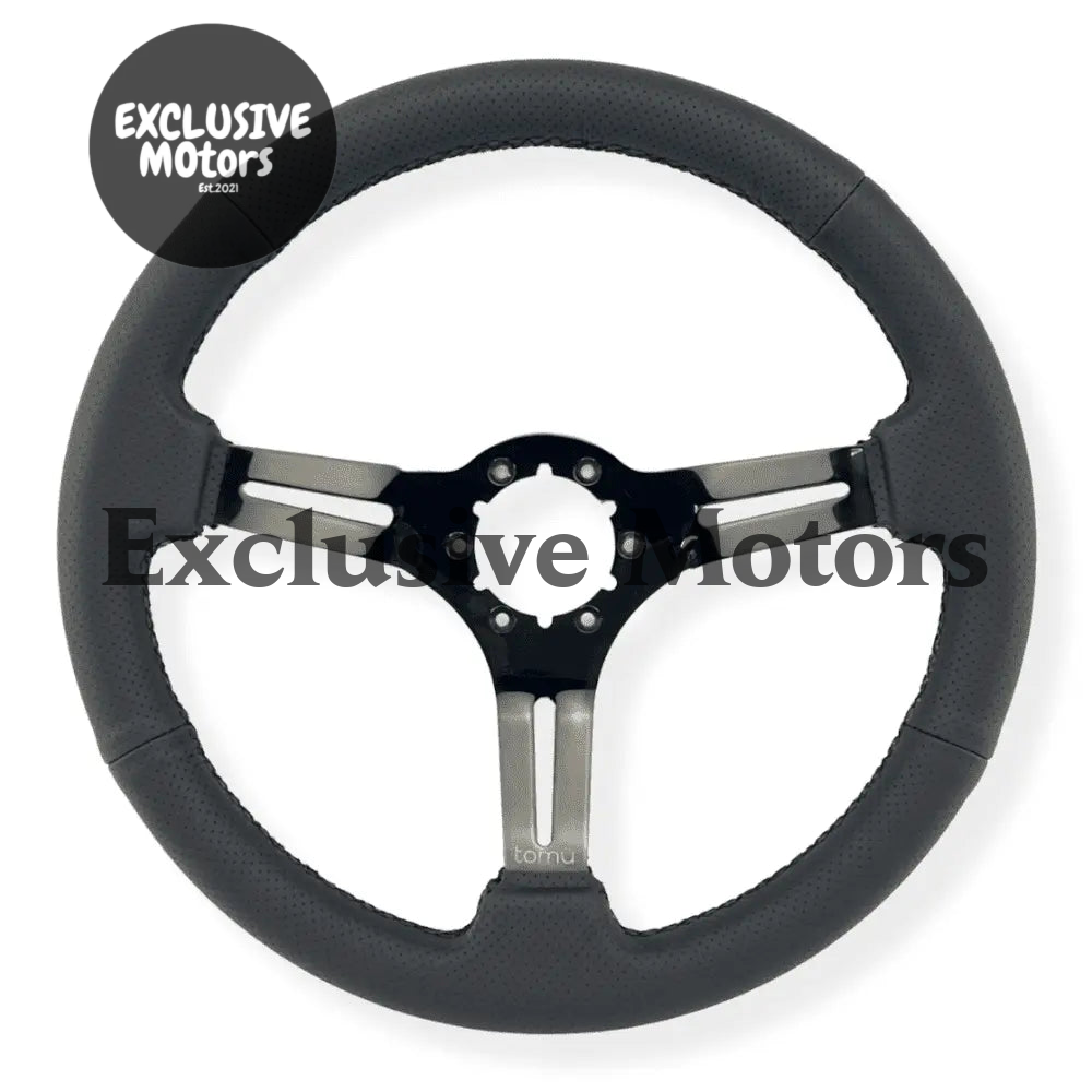Tomu Fuji Black Perforated Leather and Black Mirror Chrome Spoke Steering Wheel