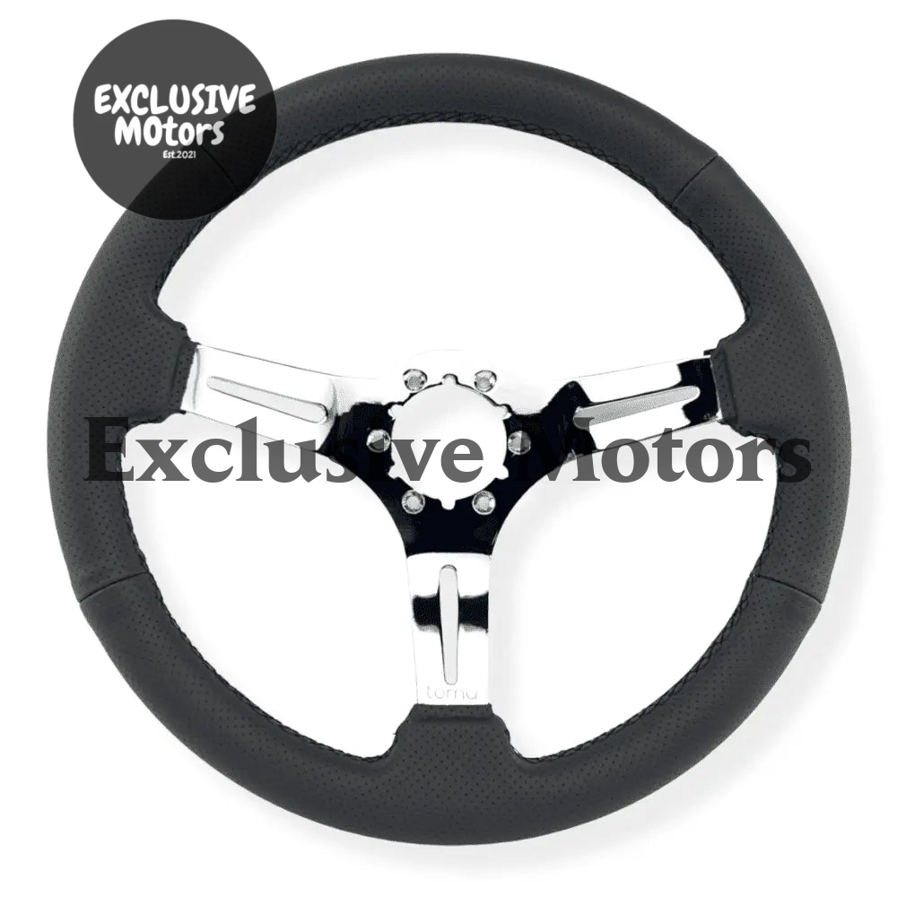 Tomu Fuji Black Perforated Leather and Chrome Spoke Steering Wheel
