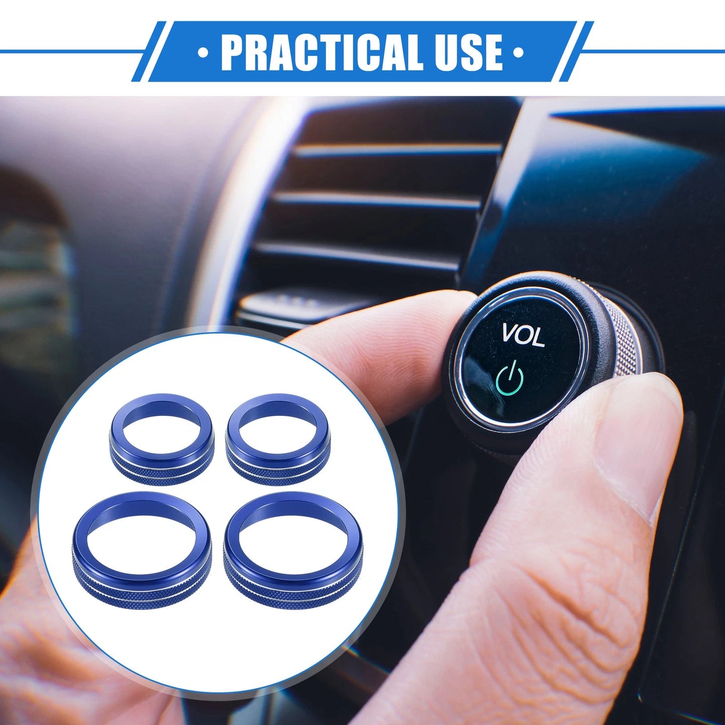 4 x AC Audio Volume Tune Switch Knob Rings for Ford F150 (2021-2023) Blue