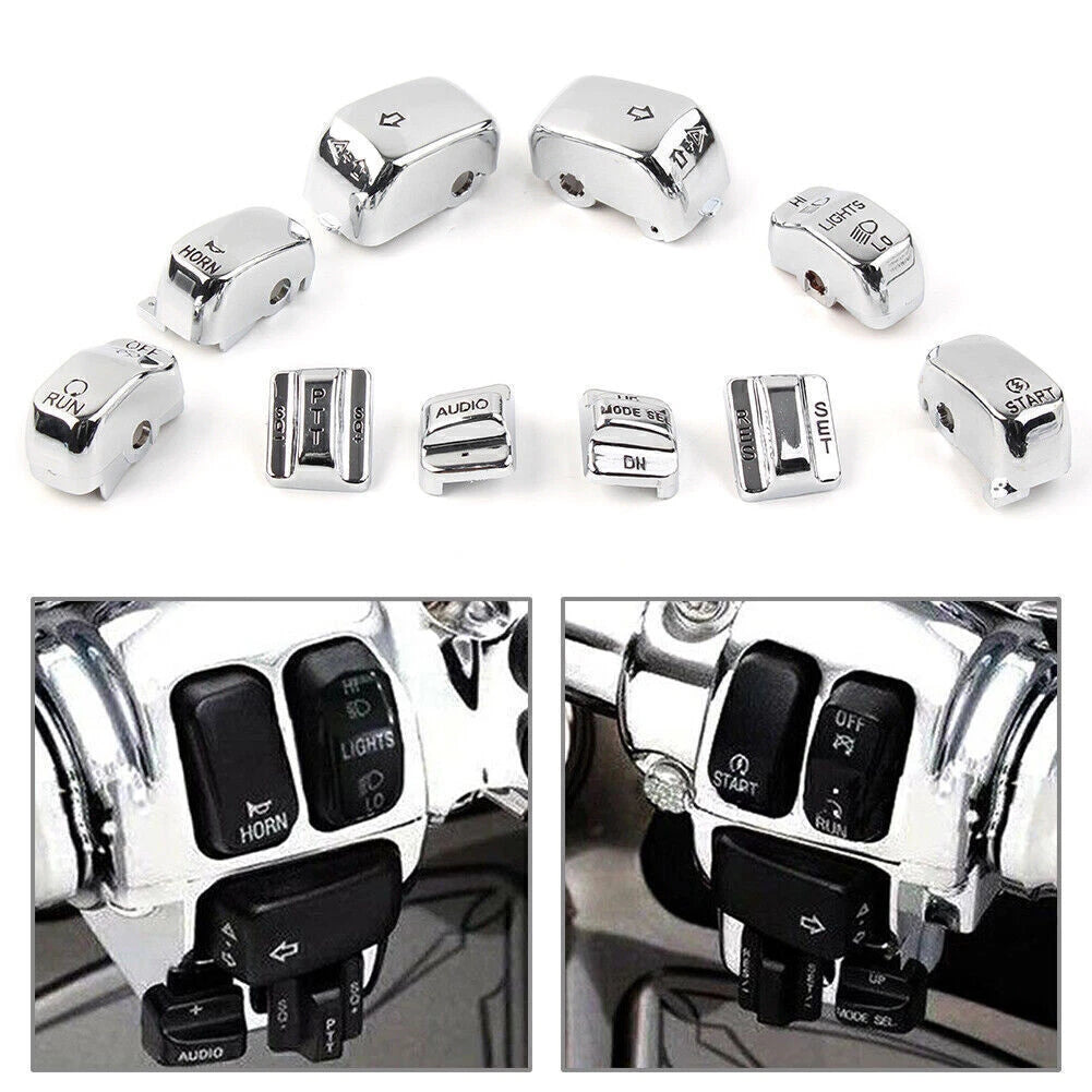 Chrome 10pc Hand Control Switch Housing Button Cap Set for Harley Touring (1996-2013)