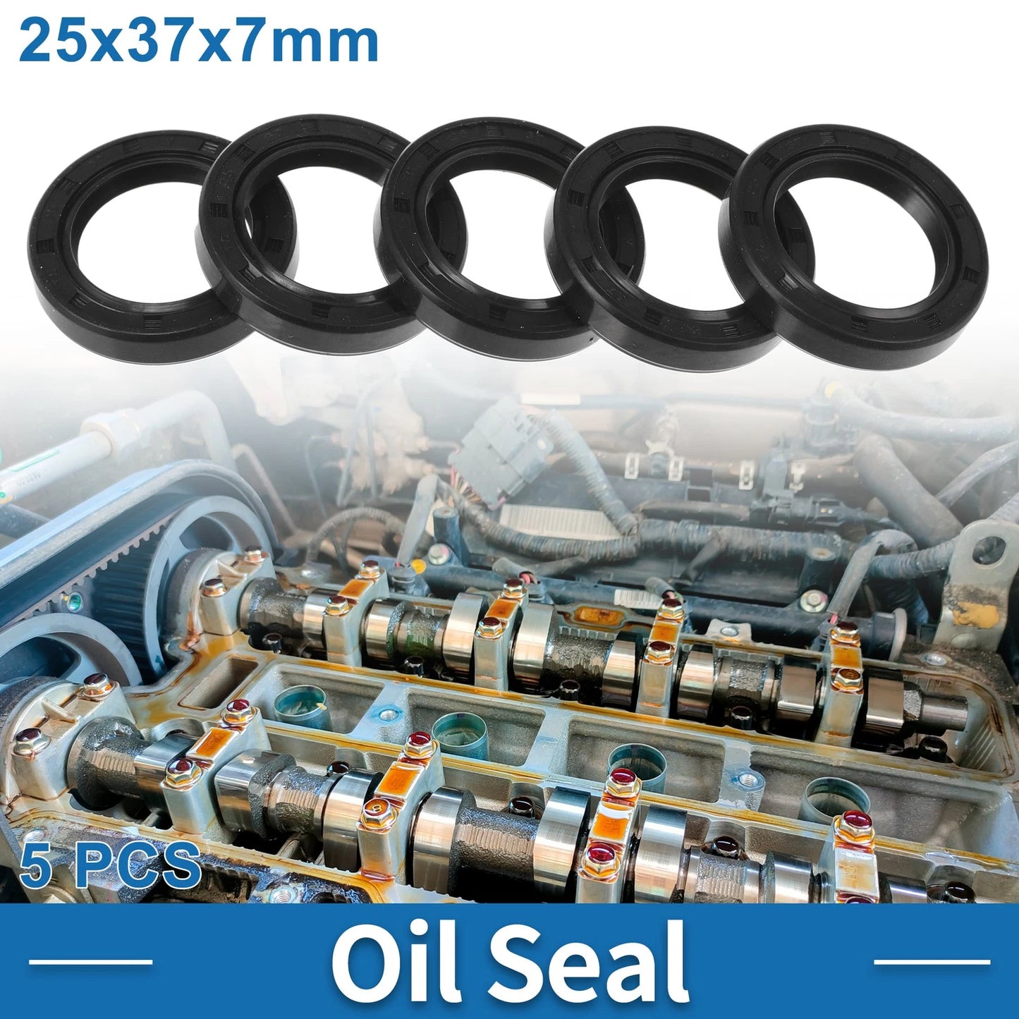 Oil Seal 25x37x7mm Nitrile Black Rotary Shaft Seal, 5 Pcs