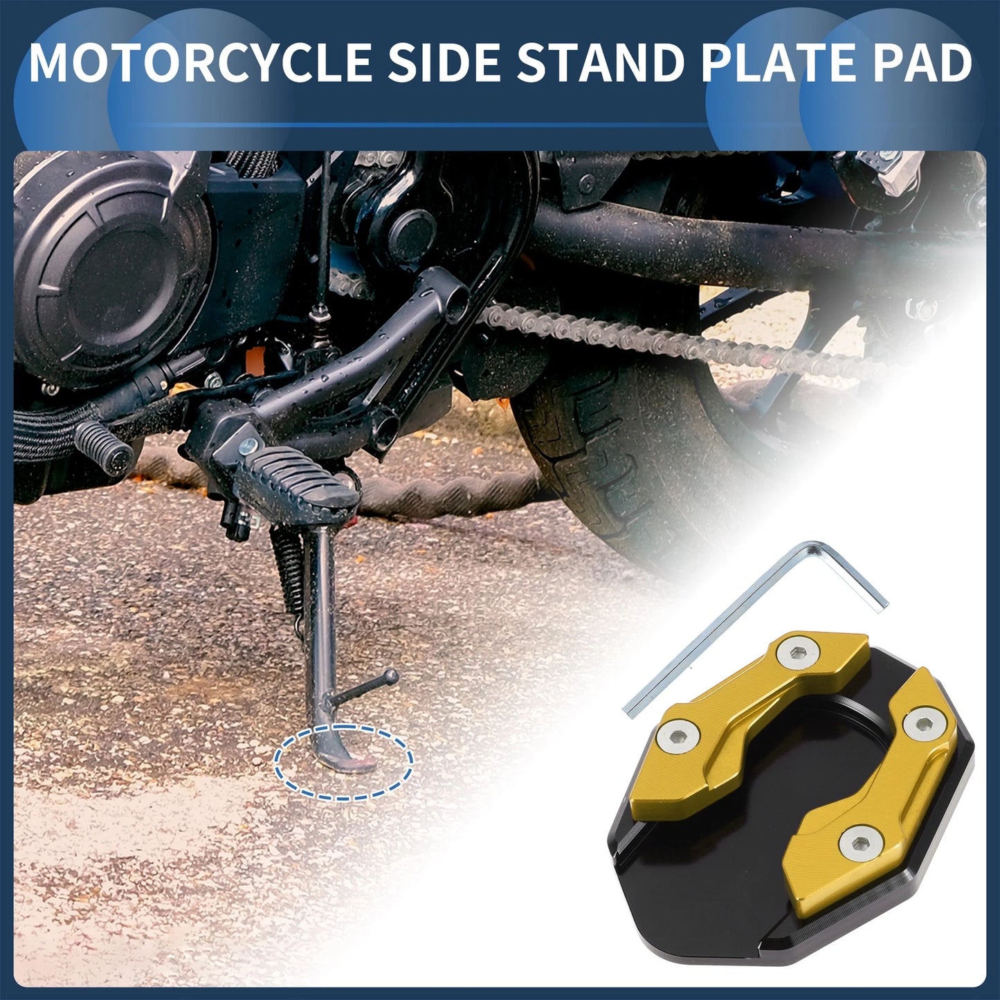 Side Stand Plate Pad with Wrench Aluminum Alloy Gold Tone 1 Set for Motorcycle