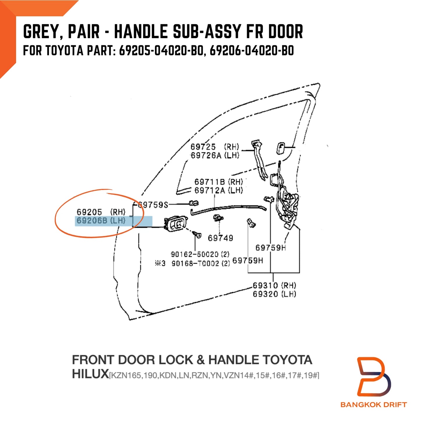 Grey Inner Front Door Handle Pair for Toyota Hilux (1997-2004)