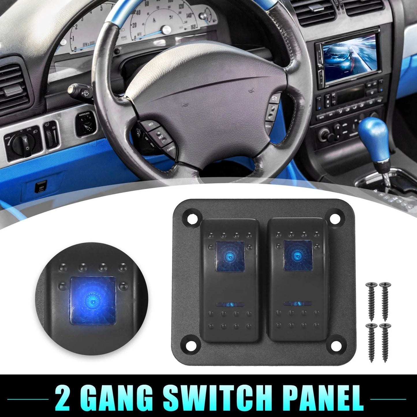 2 Gang 2 x Rocker Toggle Switch Waterproof 12V/24V Blue LED for Car Marine