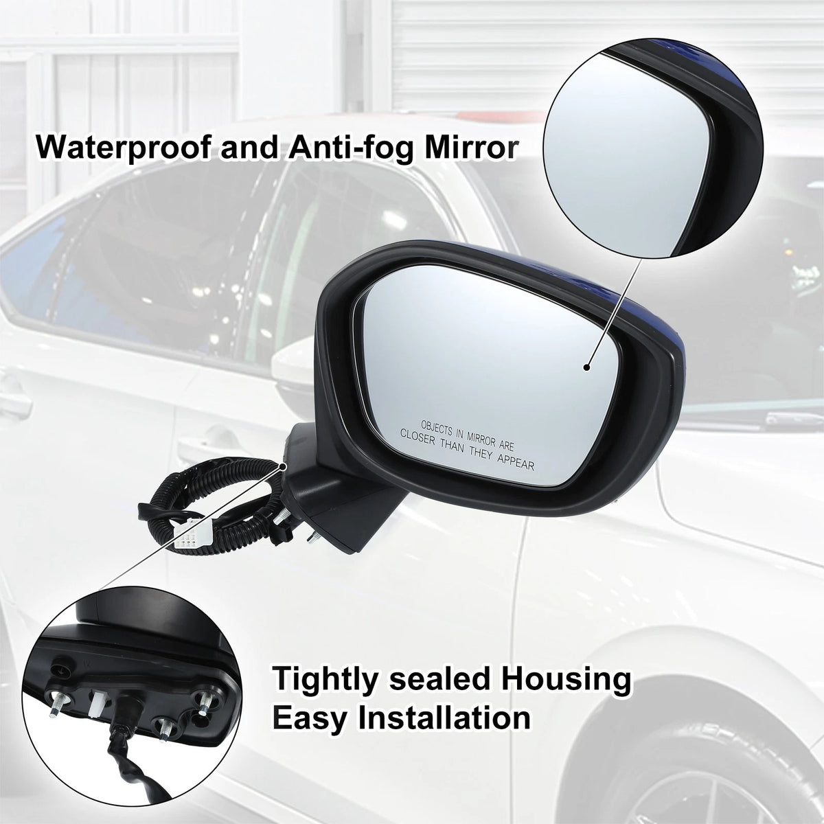 3 Pin Right Side Door Mirror Assembly Blue for Honda Civic (2022-2023)