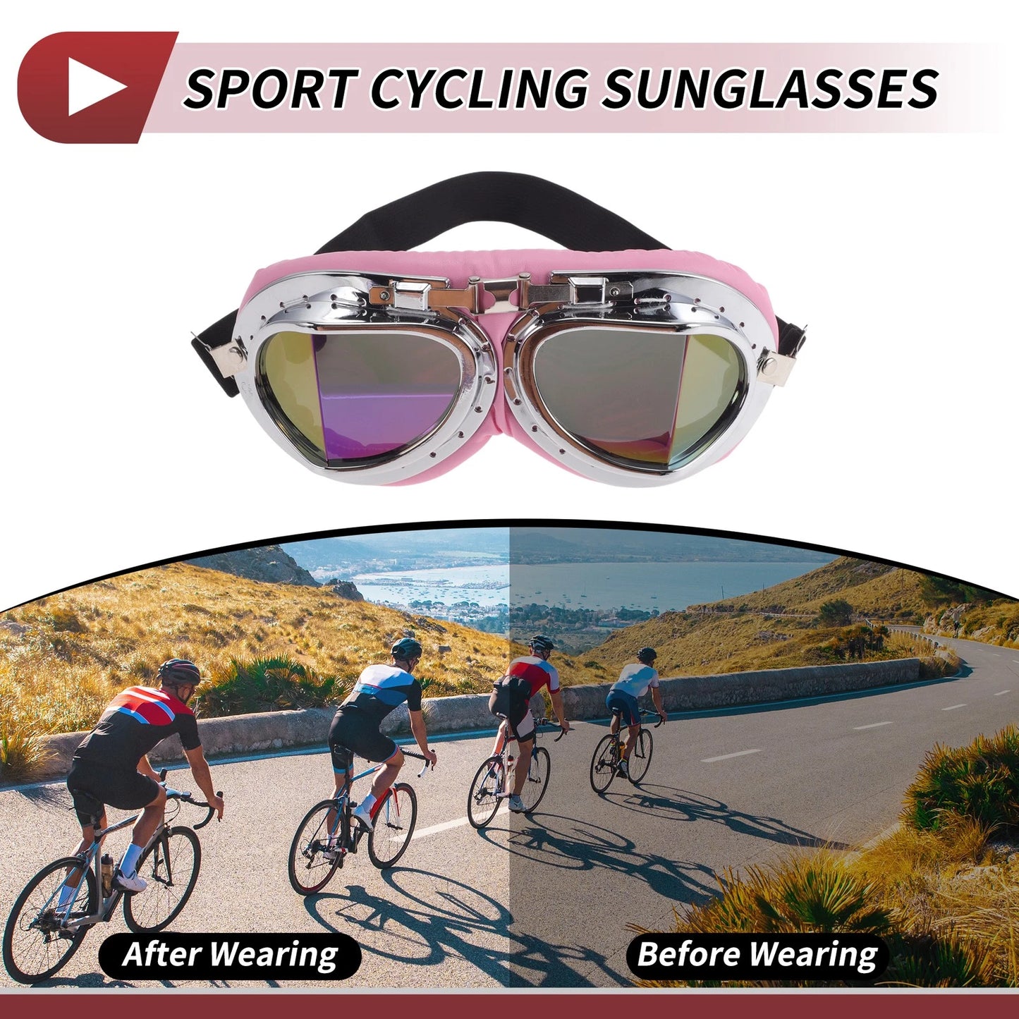 1 Pc Motorcycle Riding Goggles Colorful Lens Pink Silver Tone Frame PC PU