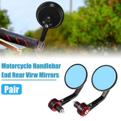 Handlebar End Rear View Mirrors 1 Pair Round Blue Lens Red for Motorcycle