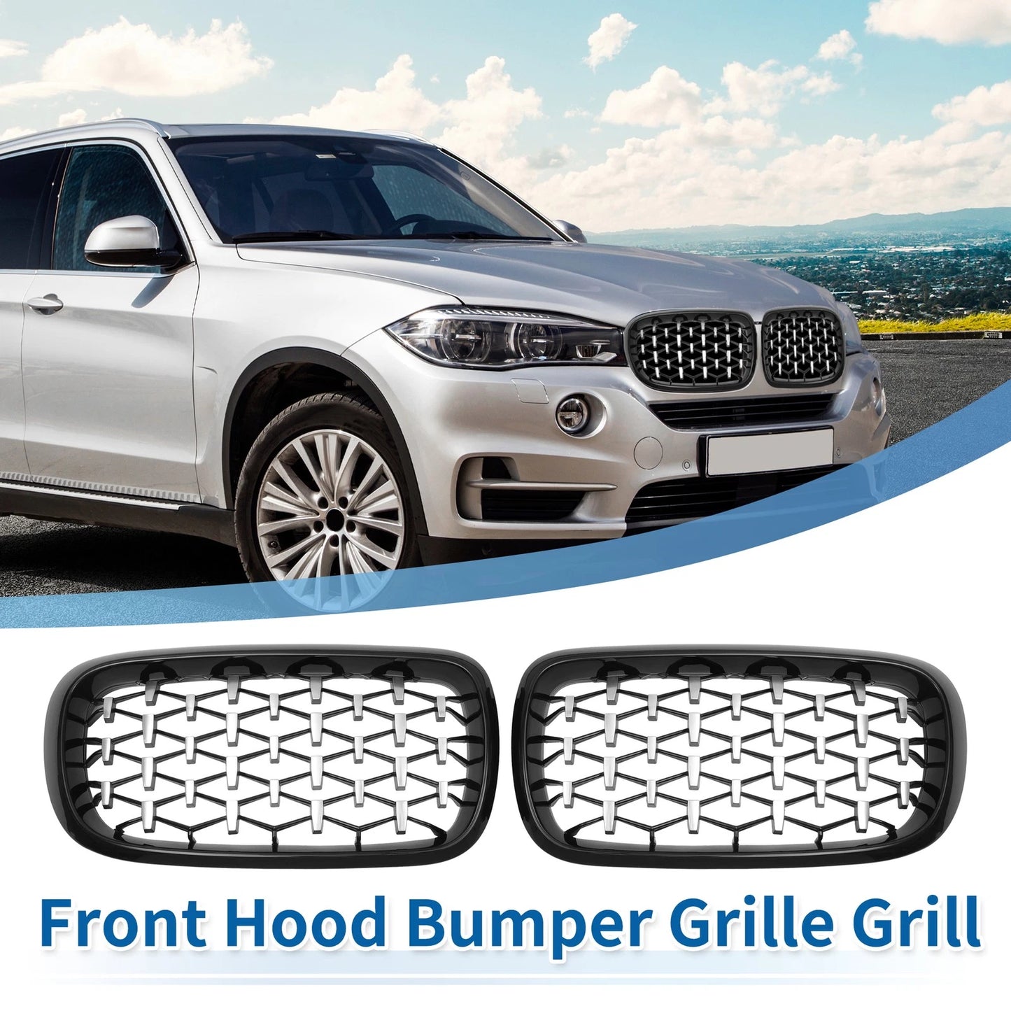 Front Hood Bumper Grille for BMW X5 2014-2016 - 1 Pair Black Silver Tone