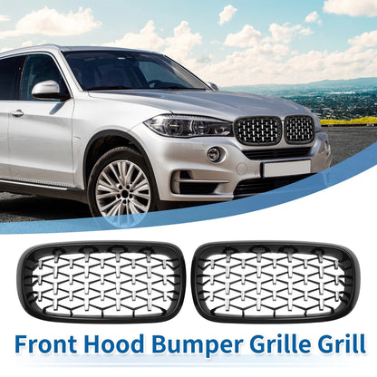 Front Hood Bumper Grille for BMW X5 2014-2016 - 1 Pair Black Silver Tone