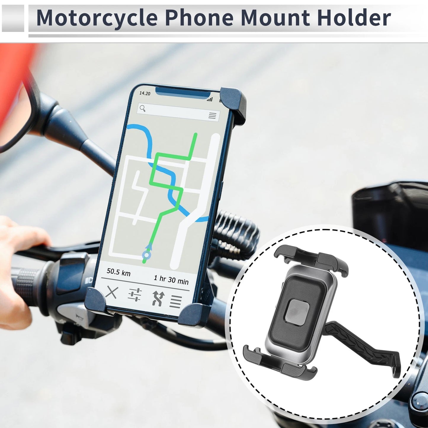 Phone Mount Holder for Motorcycle Rearview Mirror 4.7-7.2 Inches Black