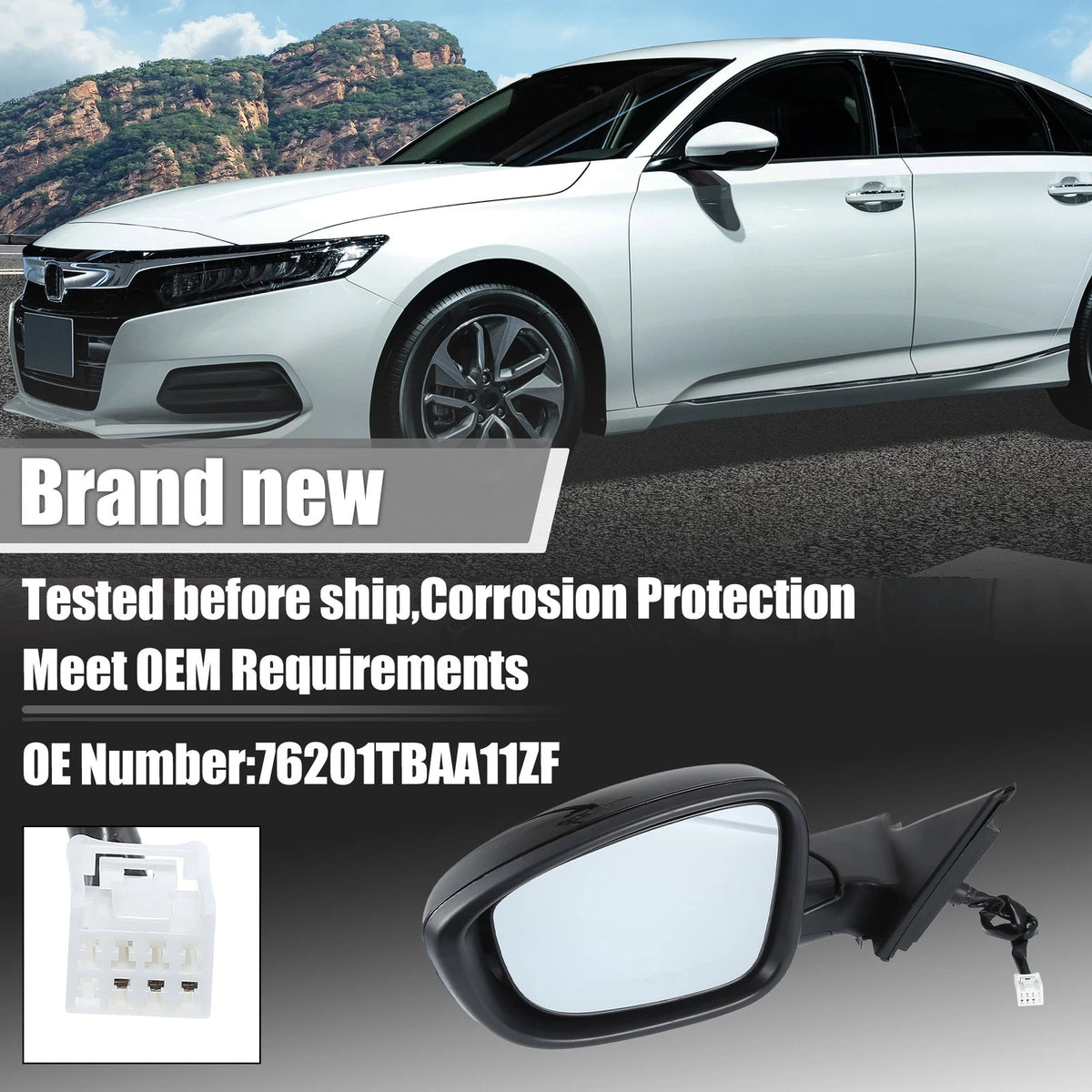 3 Pin Left Side Door Mirror Assembly Black for Honda Accord (2018-2022)