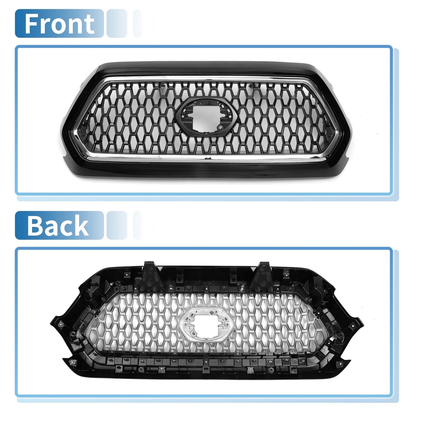 Front Hood Bumper Grille for Toyota Tacoma (2019-2020) Chrome Silver Tone