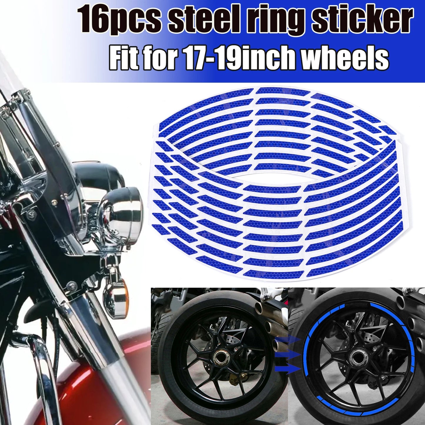 16pc 17"-19" Reflective Rim Strips for Car Motorcycle Wheel Tire Decals