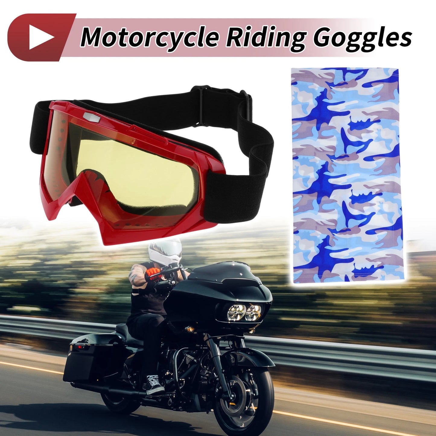 Set Motorcycle Riding Goggles Yellow Lens Red Frame PC Cycling Sunglasses
