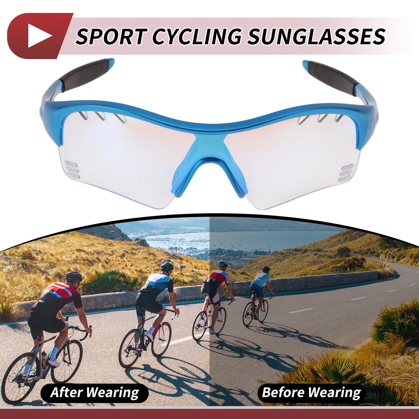 Goggles Light Blue Lens Blue Frame PC TPU Cycling Sunglasses for Motorcycle