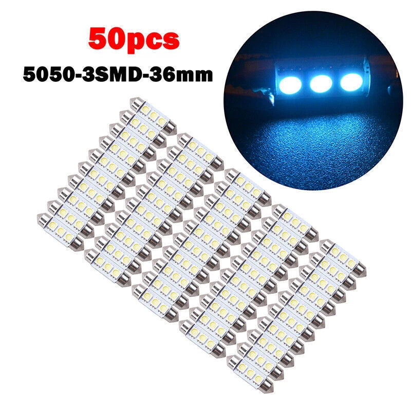 50 x 36mm Ice Blue 3 SMD 5050 LED Dome Map License Plate Bulbs