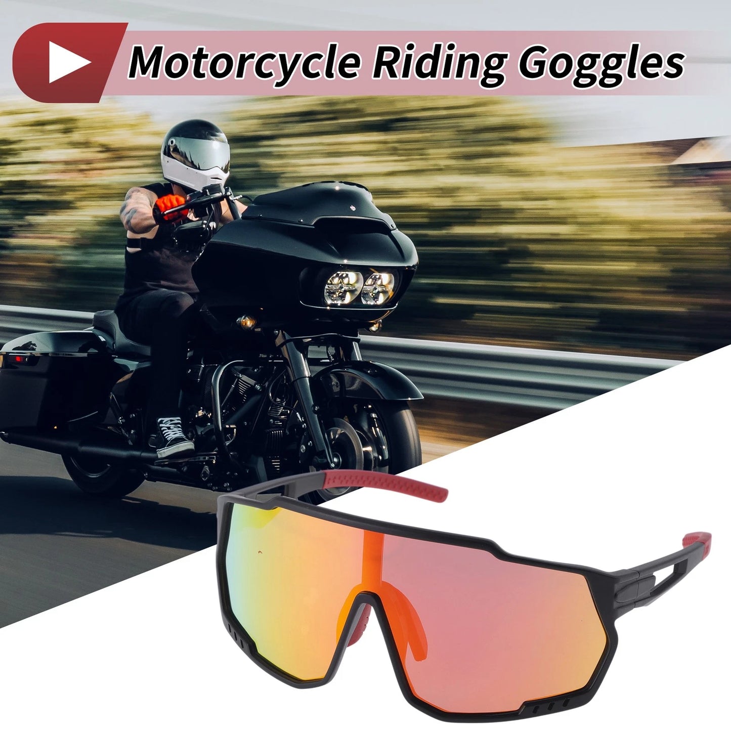 Motorcycle Riding Goggles Red Lens Black Frame PC Outdoor Sports Sunglasses