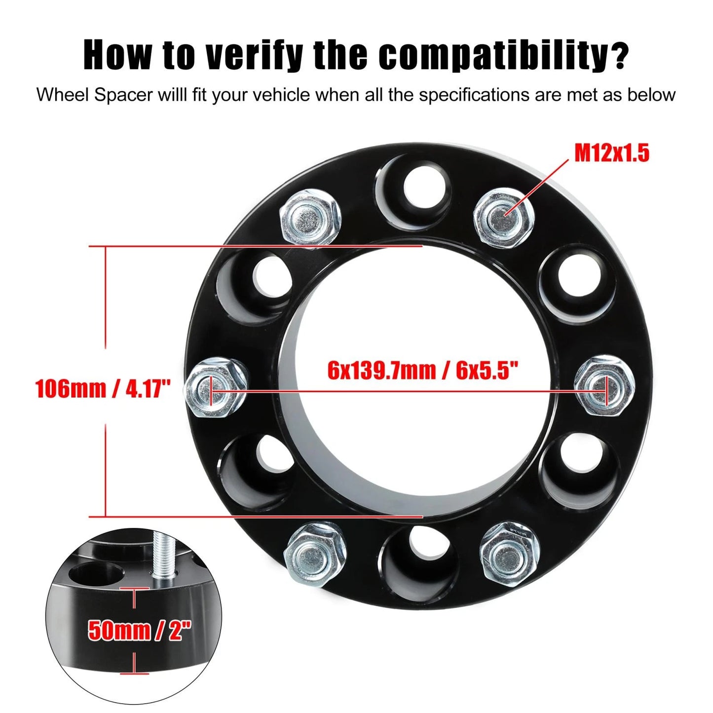 4pcs 2" Thick M12x1.5 6x5.5" Wheel Spacers Adapters