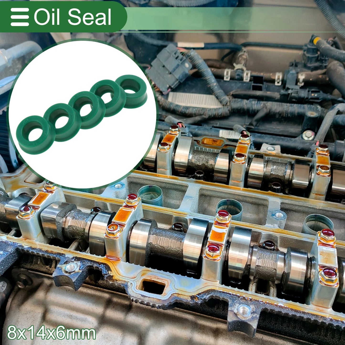 Oil Seal Seal Ring Rotary Shaft Seal TPU 8x14x6mm High Pressure Green 5 Pcs