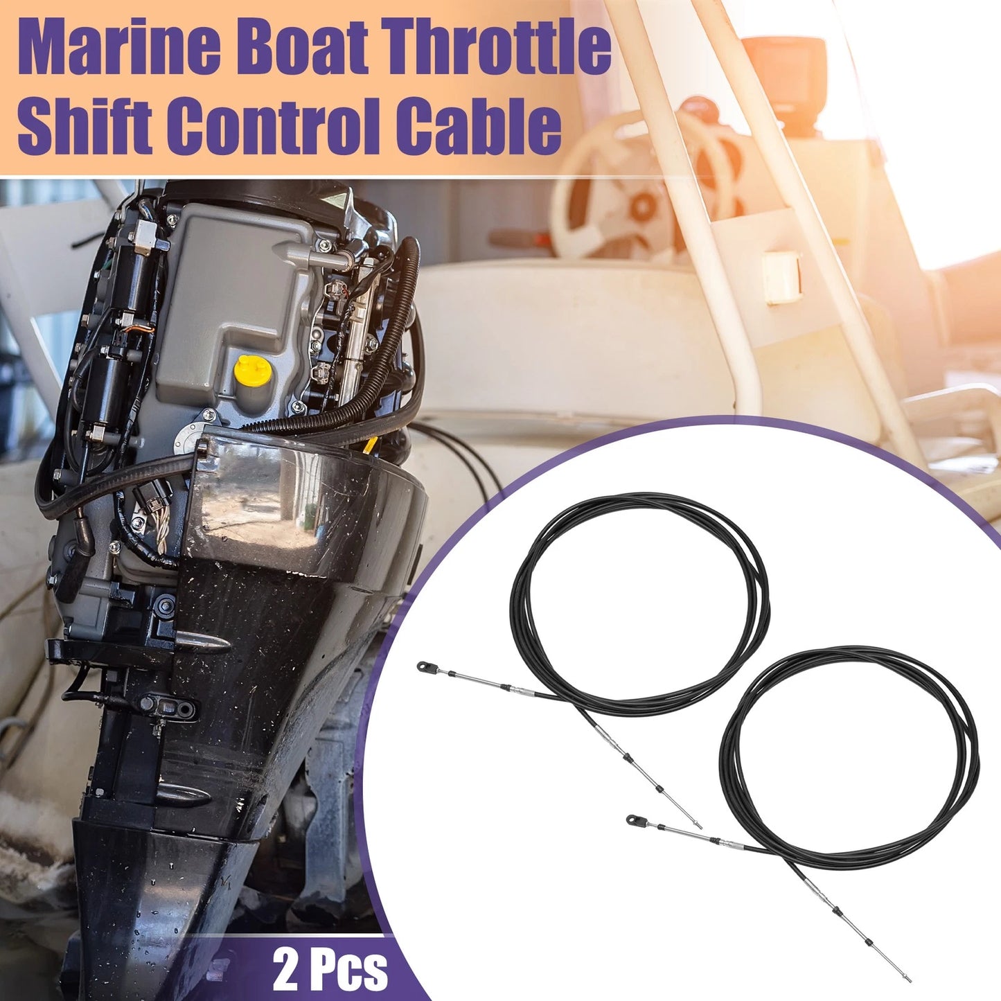 Throttle Control Cable 2 x 700cm 24ft Black with Fastening Head for Marine