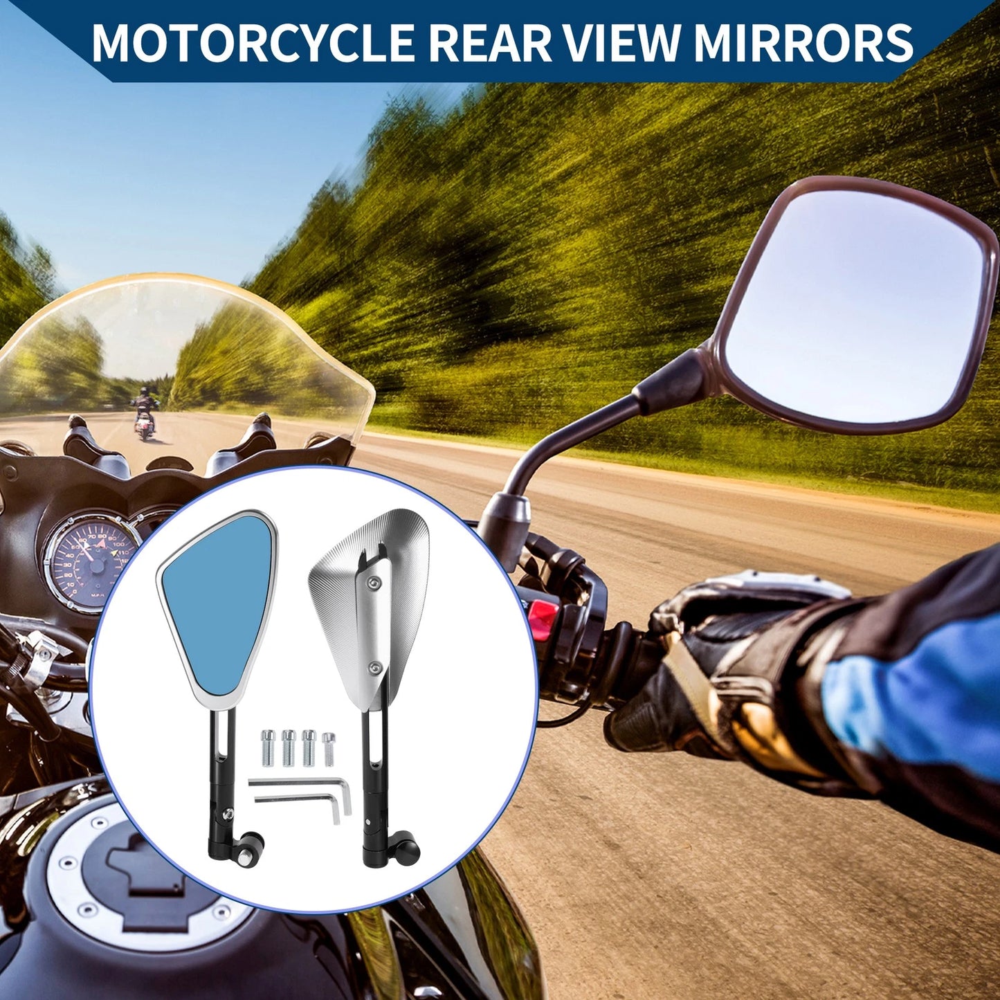 M8/M10 Rear View Mirrors for Motorcycle Handlebar, Black Silver Tone