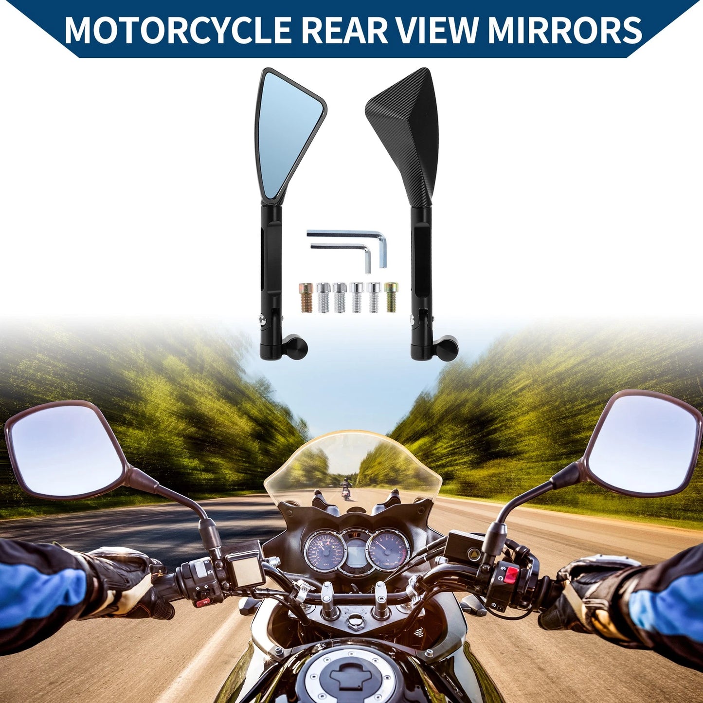 M8/M10 Triangle Rear View Mirrors Black Aluminum Alloy for Motorcycle