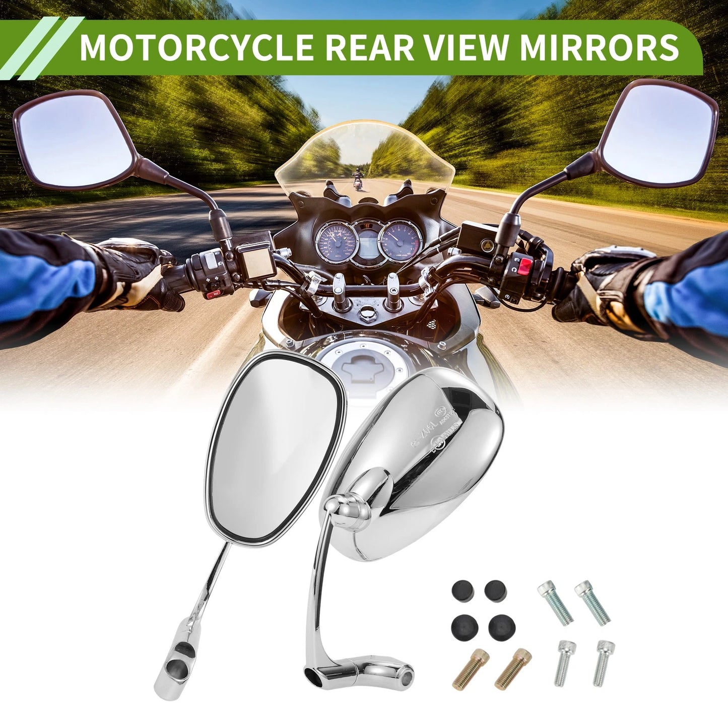 M8/M10 Rear View Mirror Oval Shape Chrome Silver Tone Aluminum for Motorcycle