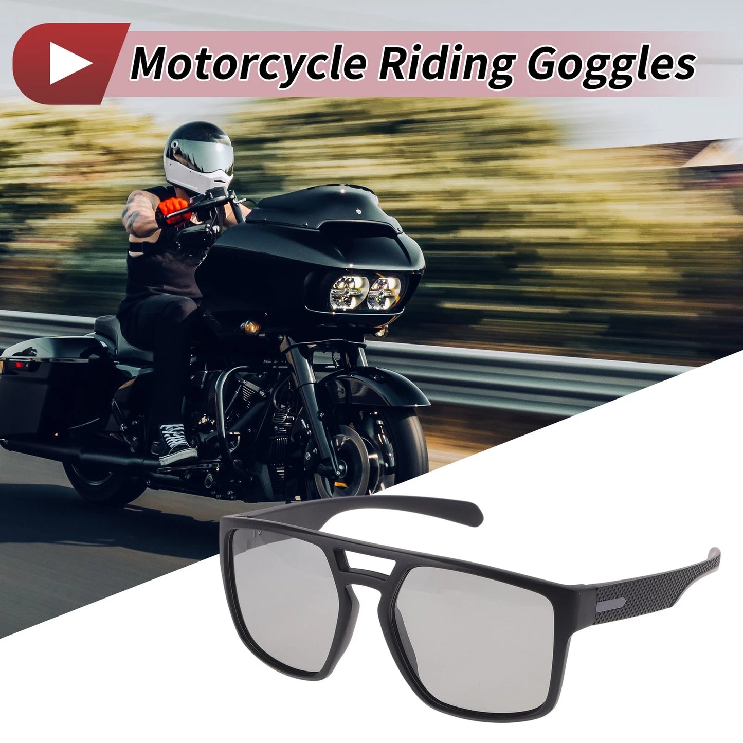 Motorcycle Riding Goggles Light Gray Lens Black Gray Frame Tri-Acetyl Cellulos