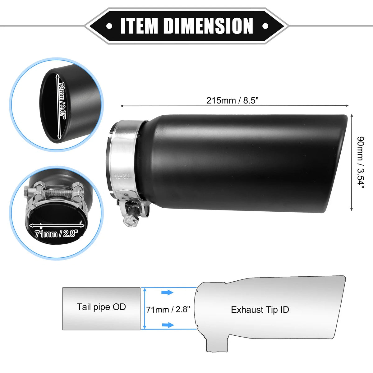2.8" Inlet 8.5" Length Exhaust Tip Tailpipe for Toyota Tacoma (2005-2023)