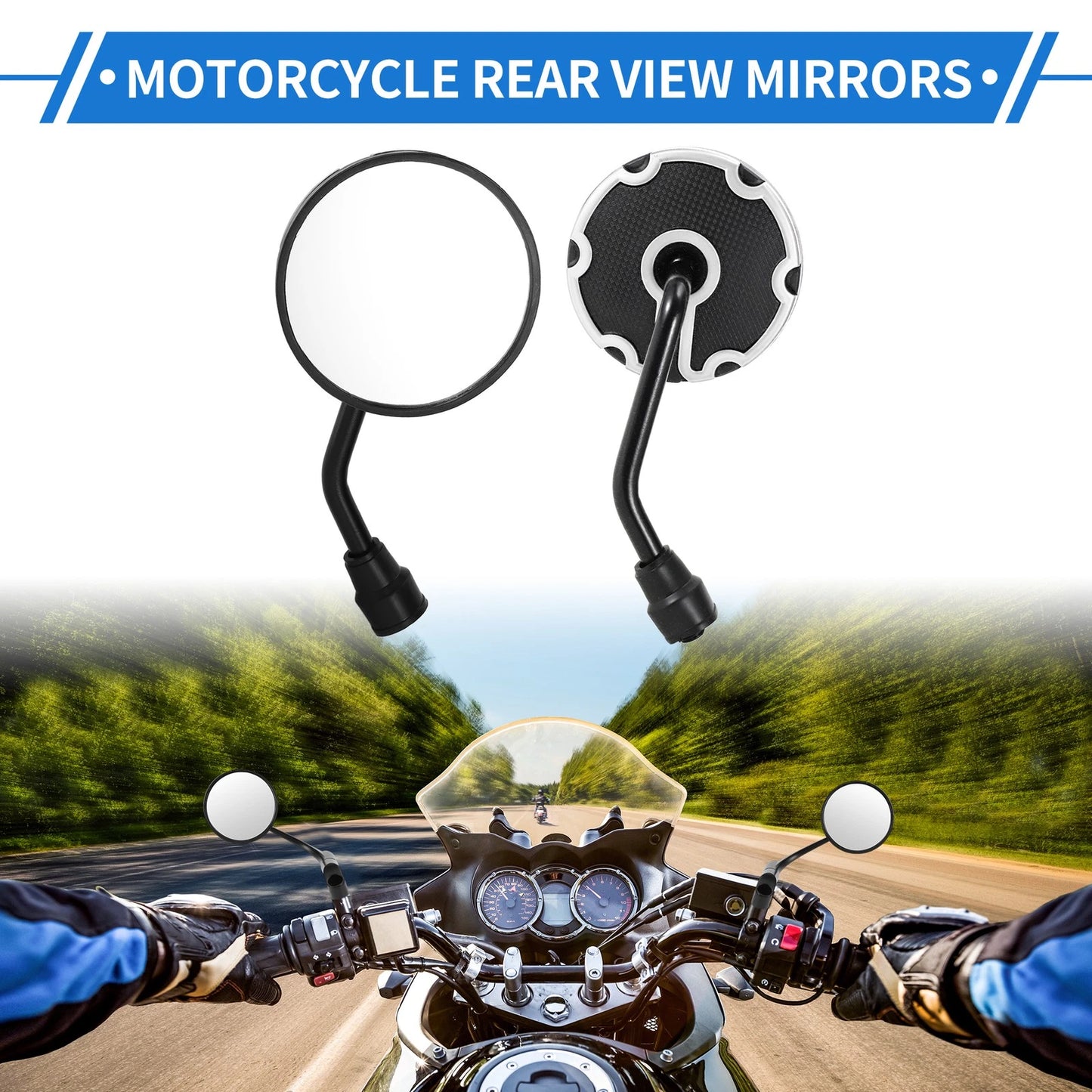 M10 Motorcycle Rear View Mirrors Round Handlebar White & Black Iron