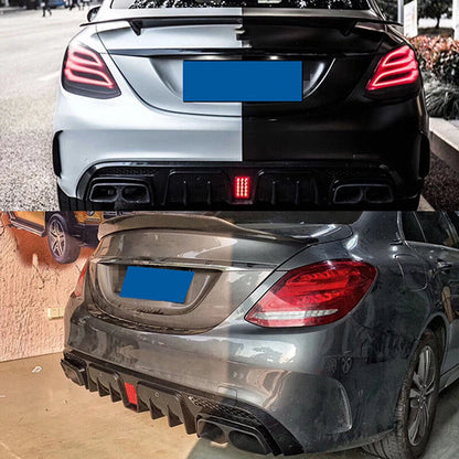 B Style LED Bumper Diffuser + Carbon Exhaust Tips for Benz W205 C63 C43 (2015-2021)