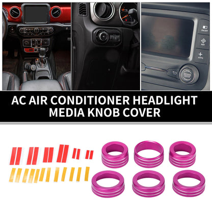 6 x Pink Headlight Media Switch Knob Cover Rings for Jeep Wrangler (2018-2023)