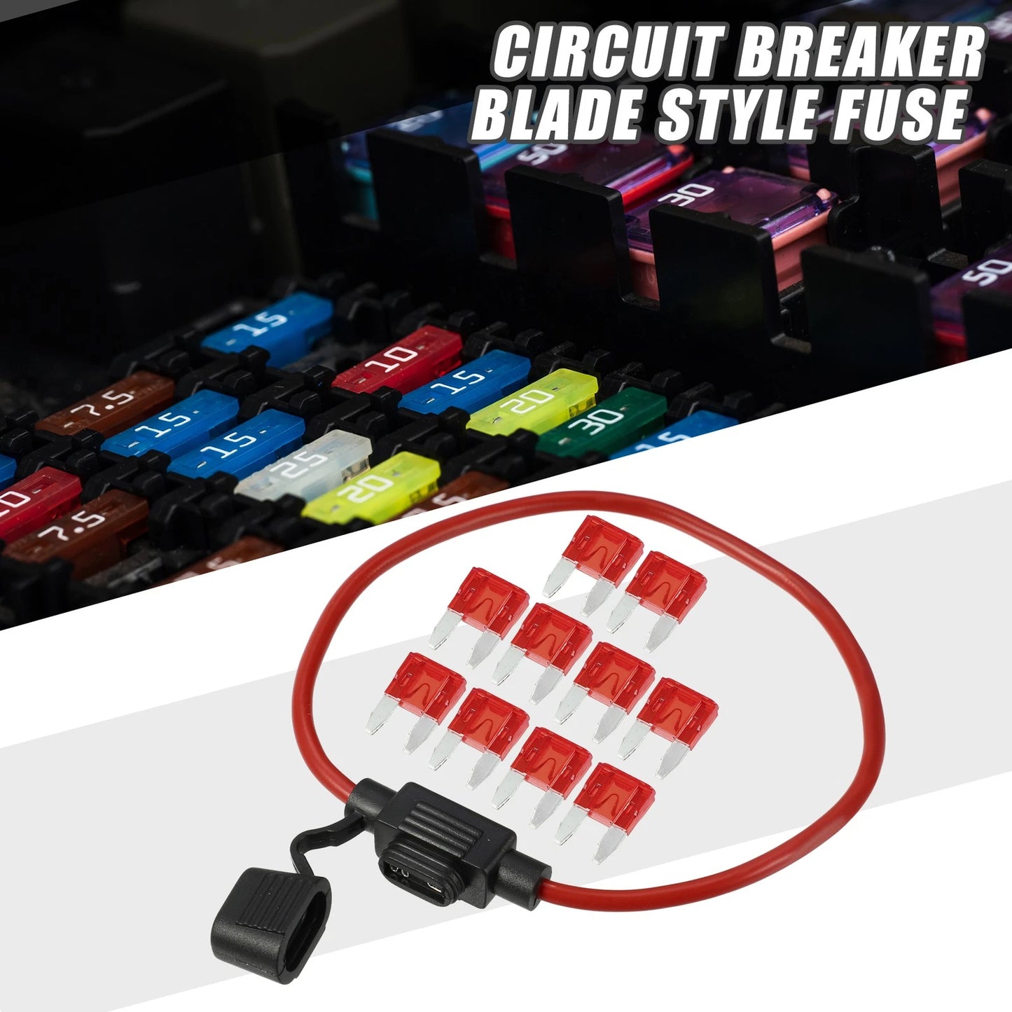 10A Mini Blade Style Fuse Set with 12 AWG Holder for Car
