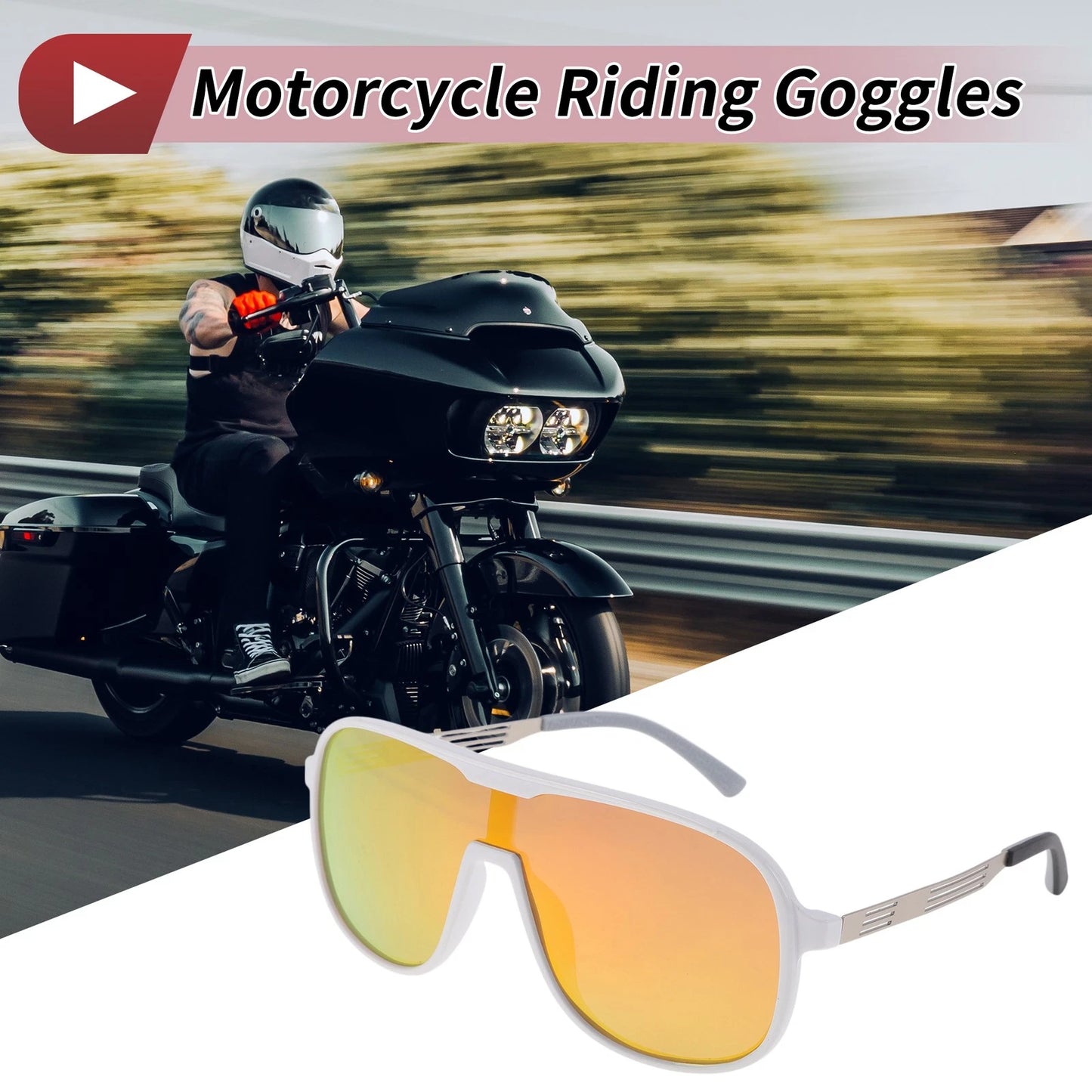1 Set Motorcycle Riding Goggles Red Lens White Silver Tone Frame PC UV400