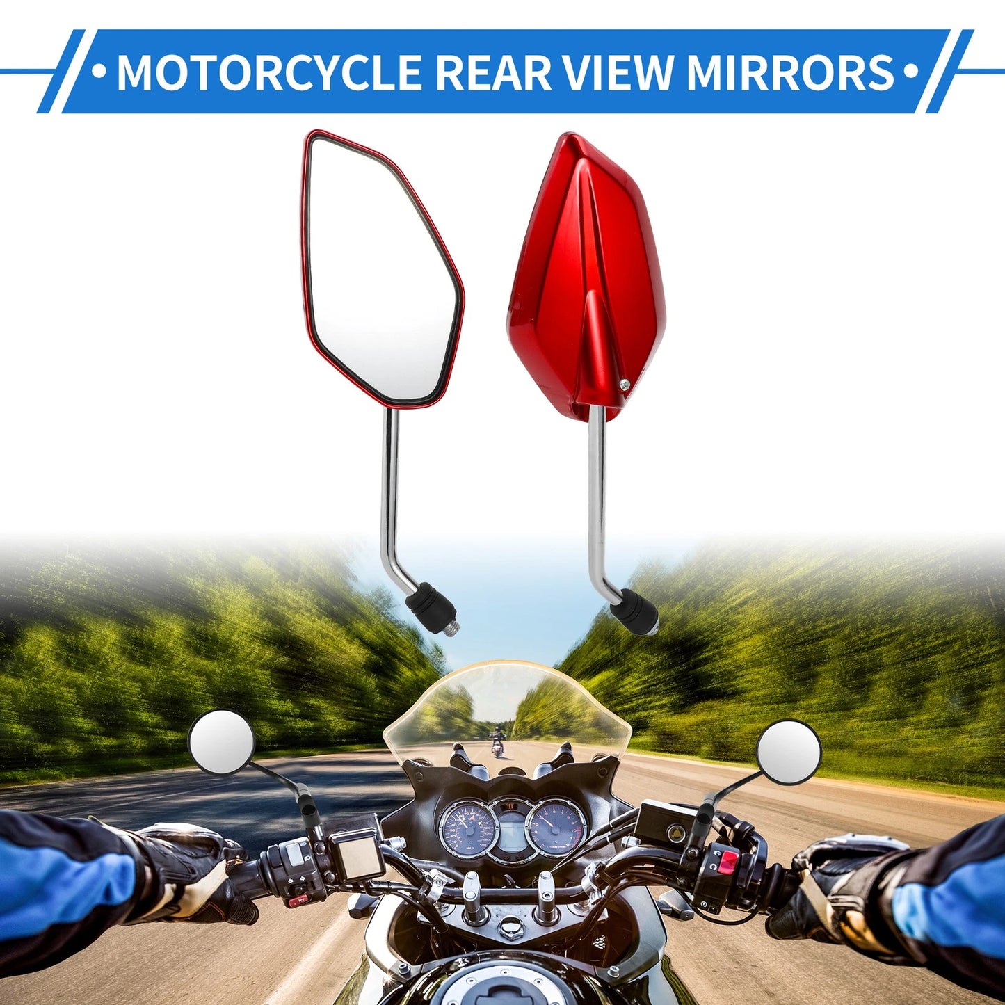 M10 Motorcycle Rear View Mirrors Prismatic Shape Handlebar Mirrors Red Iron