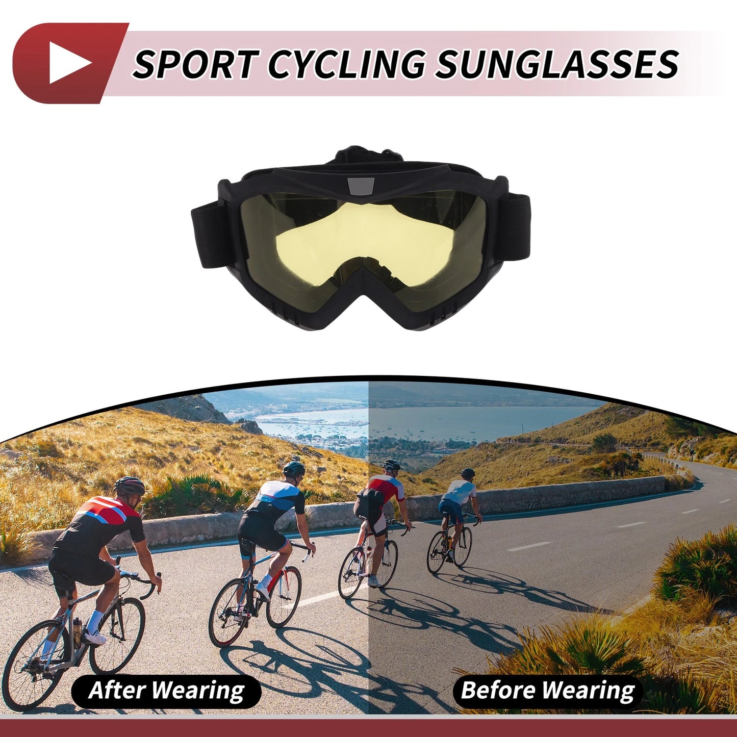 Goggles for Motorcycle Riding Yellow Lens Black Frame PC Cycling Sunglasses