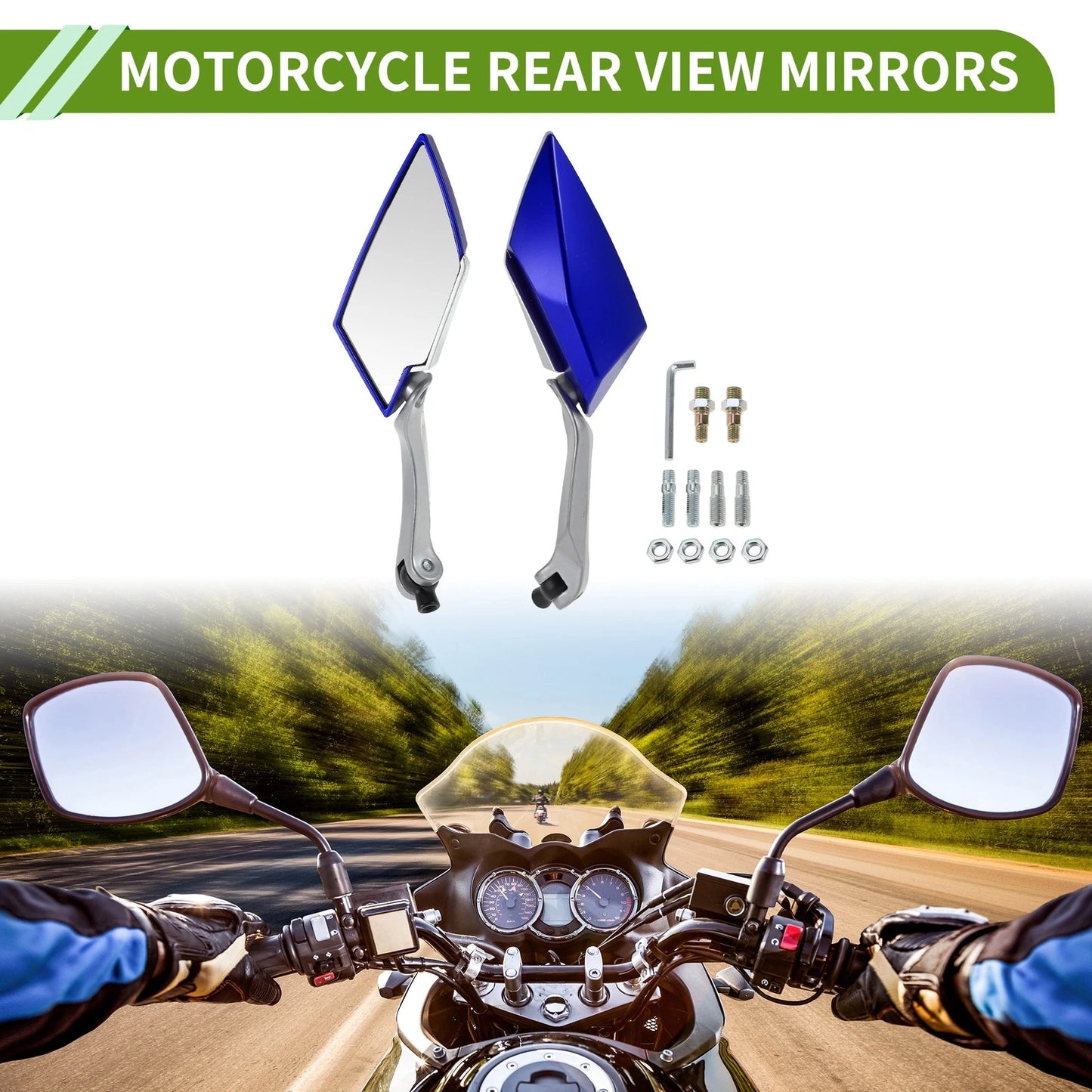 M8/M10 Rear View Mirrors for Motorcycle Prismatic Shape Silver Blue Plastic