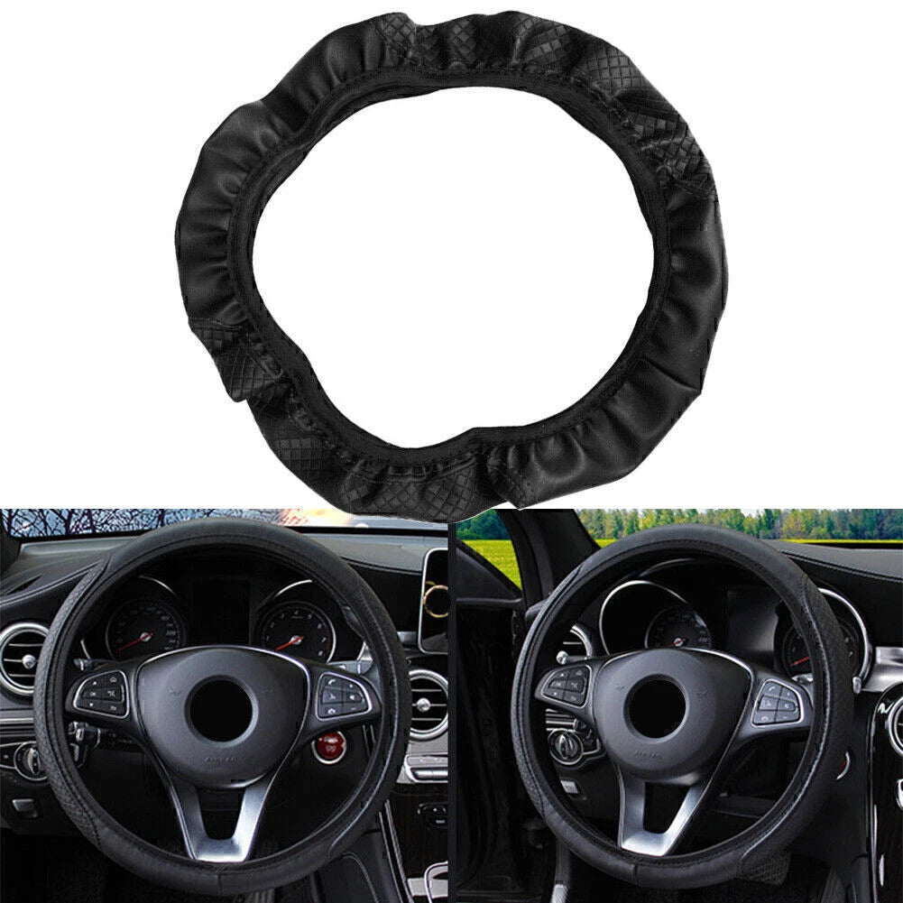 15"/37-38CM PU Leather Steering Wheel Cover for Car - Black (2015-2023)