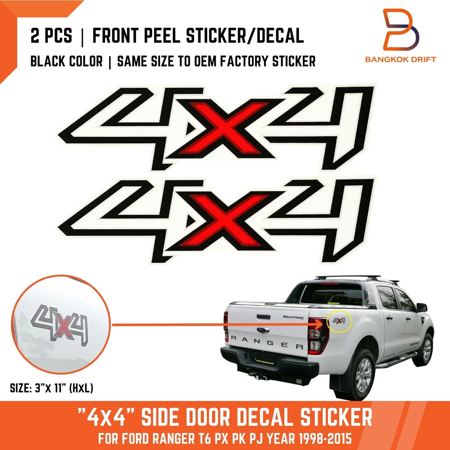 Black 4x4 Side Rear Decal Sticker for Ford Ranger PX PJ PK Wildtrak XLT (98-15)